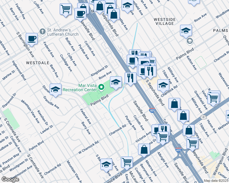 map of restaurants, bars, coffee shops, grocery stores, and more near 11350 Palms Boulevard in Los Angeles