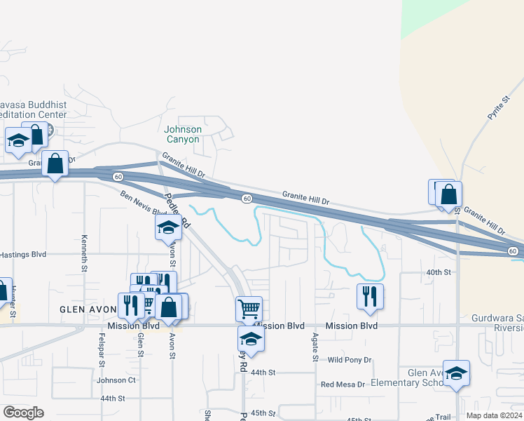 map of restaurants, bars, coffee shops, grocery stores, and more near 4080 Pedley Road in Riverside