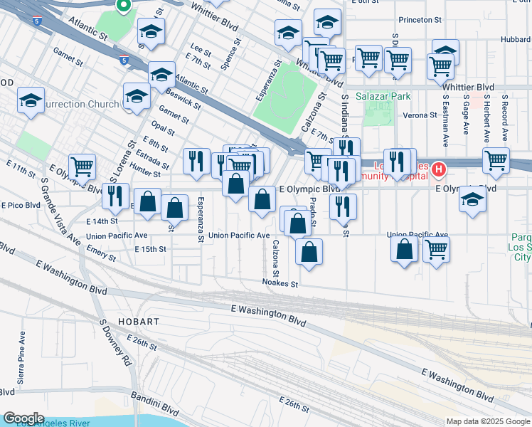 map of restaurants, bars, coffee shops, grocery stores, and more near 3701 Union Pacific Avenue in Los Angeles