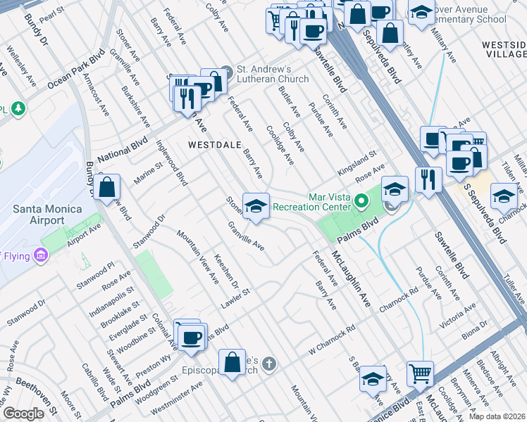 map of restaurants, bars, coffee shops, grocery stores, and more near 3326 Stoner Avenue in Los Angeles