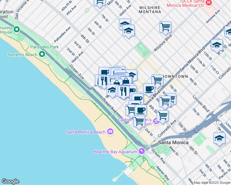 map of restaurants, bars, coffee shops, grocery stores, and more near 124 Wilshire Boulevard in Santa Monica