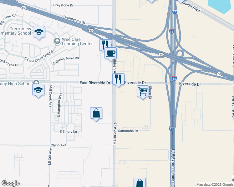 map of restaurants, bars, coffee shops, grocery stores, and more near 3900 Hamner Avenue in Eastvale