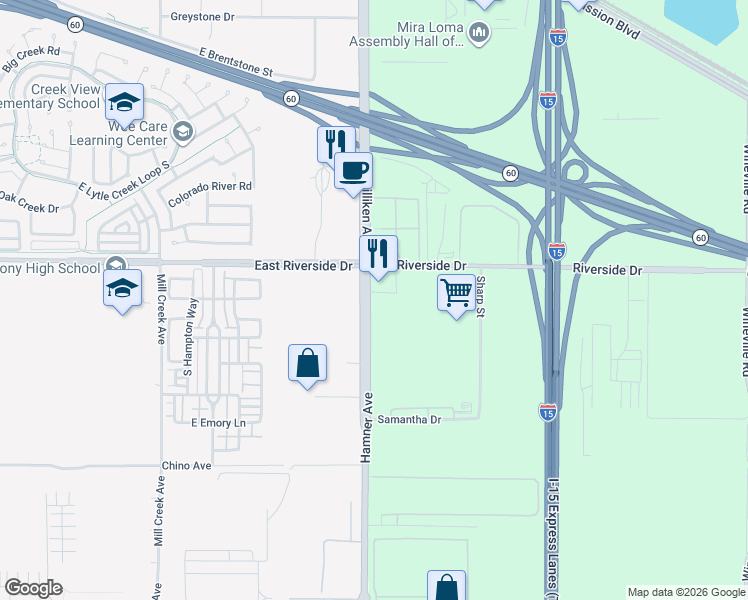 map of restaurants, bars, coffee shops, grocery stores, and more near 3900 Hamner Avenue in Eastvale