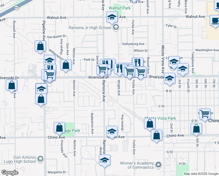 map of restaurants, bars, coffee shops, grocery stores, and more near 12957 Ramona Avenue in Chino