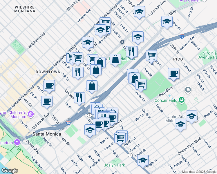 map of restaurants, bars, coffee shops, grocery stores, and more near 1750 12th Street in Santa Monica
