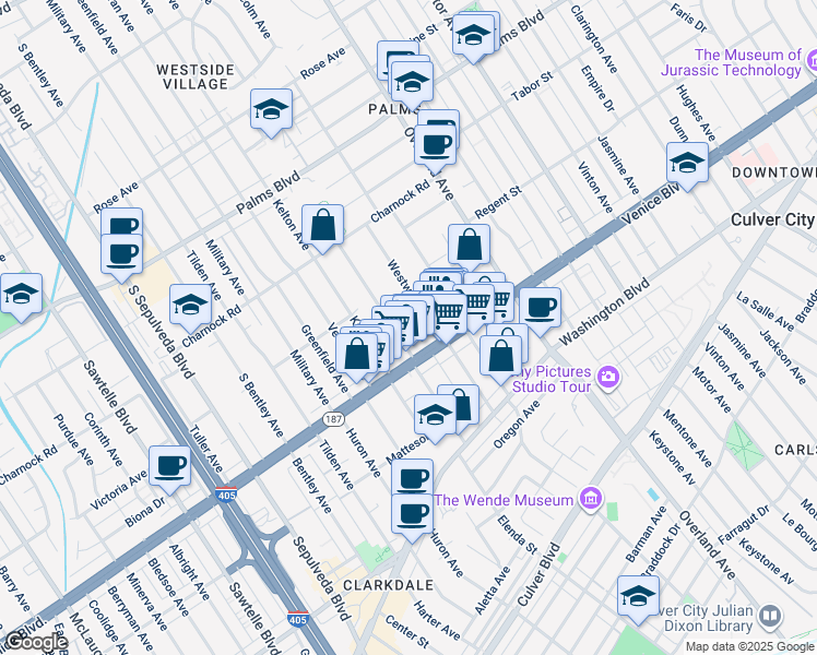 map of restaurants, bars, coffee shops, grocery stores, and more near 3748 Midvale Avenue in Los Angeles