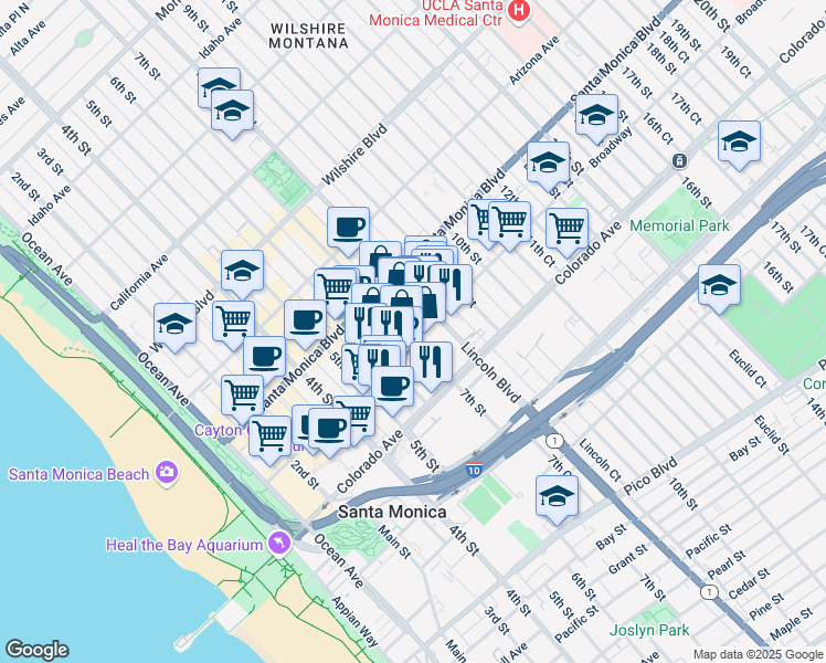 map of restaurants, bars, coffee shops, grocery stores, and more near 626 Broadway in Santa Monica