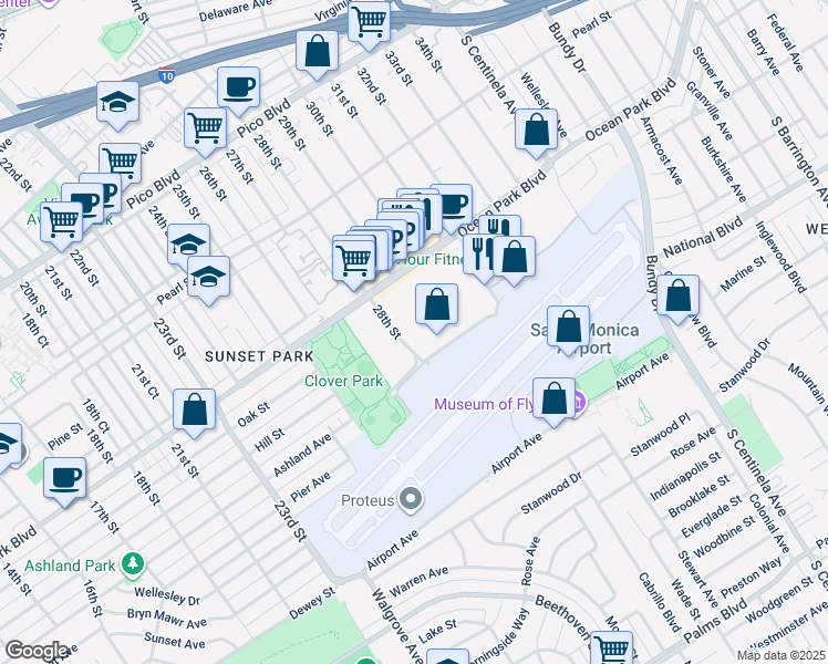 map of restaurants, bars, coffee shops, grocery stores, and more near 2951 Donald Douglas Loop North in Santa Monica