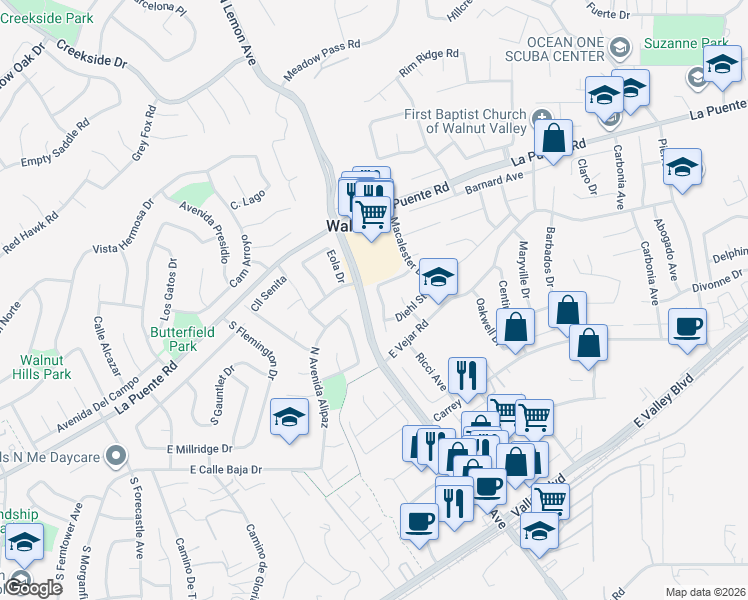 map of restaurants, bars, coffee shops, grocery stores, and more near 166 North Lemon Avenue in Walnut