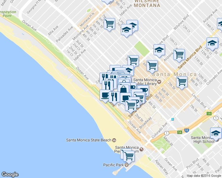 map of restaurants, bars, coffee shops, grocery stores, and more near 1248 2nd St in Santa Monica