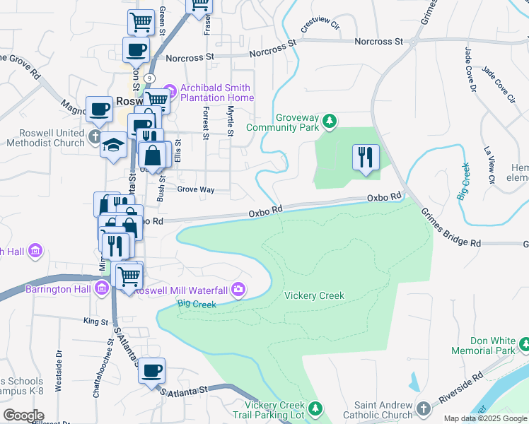 map of restaurants, bars, coffee shops, grocery stores, and more near 172 Oxbo Road in Roswell