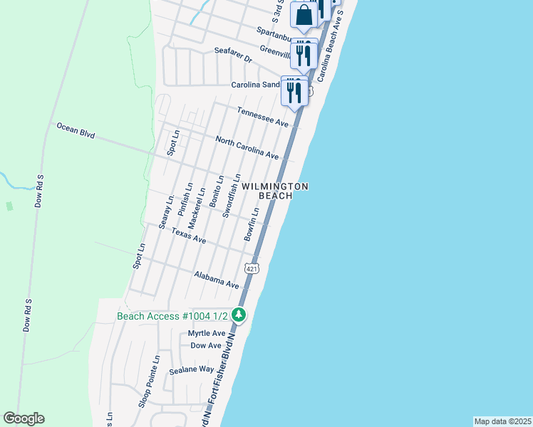 map of restaurants, bars, coffee shops, grocery stores, and more near 1414 South Lake Park Boulevard in Carolina Beach