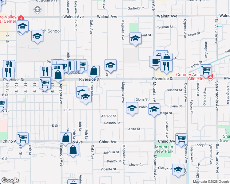 map of restaurants, bars, coffee shops, grocery stores, and more near 6057 Barbara Street in Chino