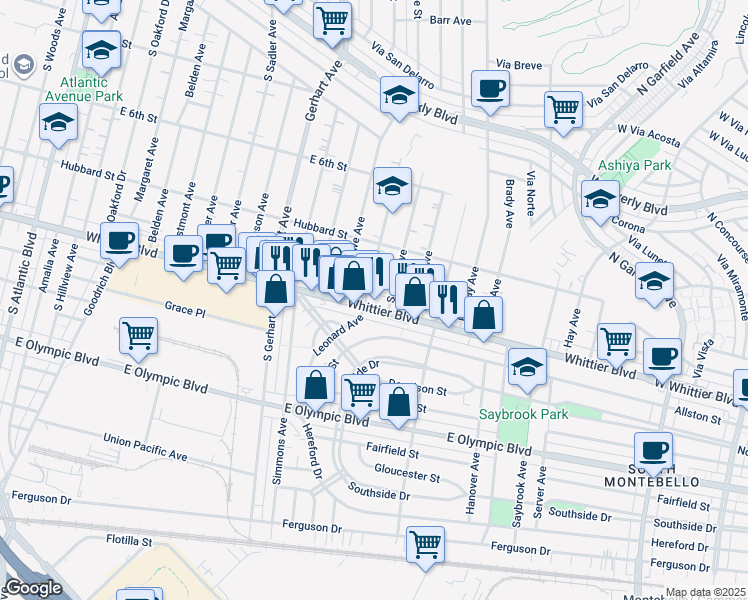 map of restaurants, bars, coffee shops, grocery stores, and more near 5941 Whittier Boulevard in East Los Angeles