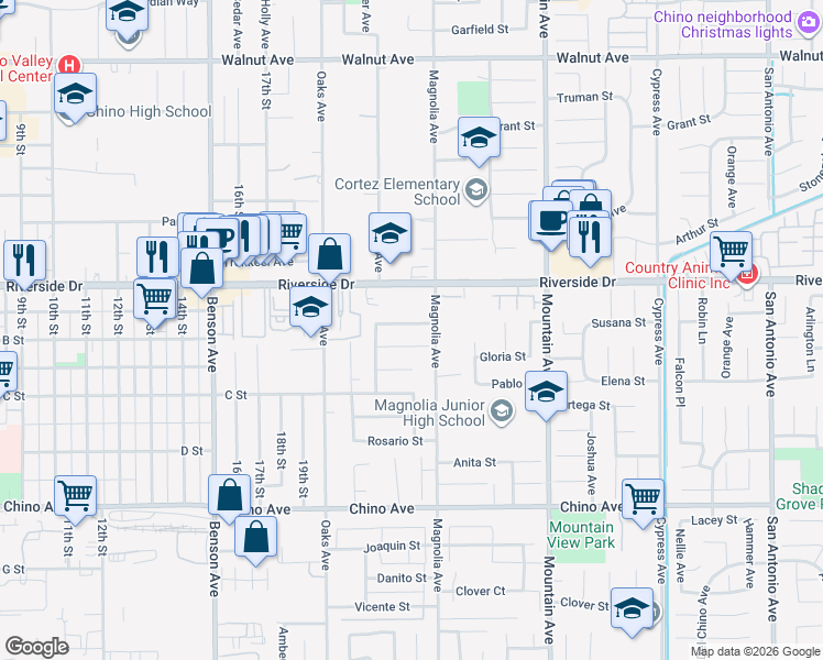 map of restaurants, bars, coffee shops, grocery stores, and more near 6061 Barbara Street in Chino