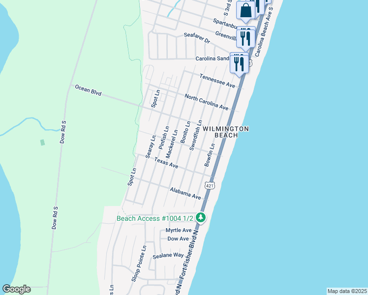 map of restaurants, bars, coffee shops, grocery stores, and more near 407 Carolina Beach Avenue South in Carolina Beach