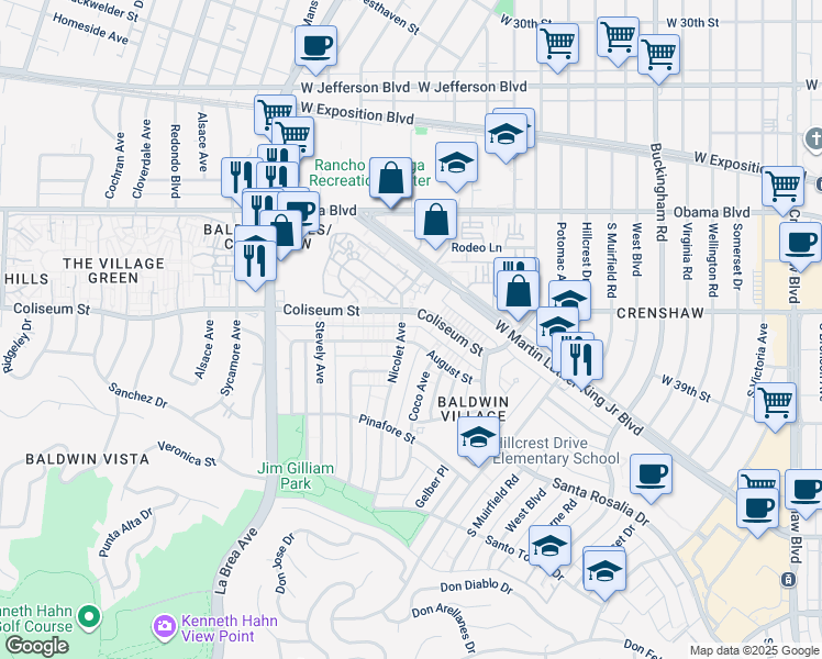 map of restaurants, bars, coffee shops, grocery stores, and more near 4633 August Street in Los Angeles