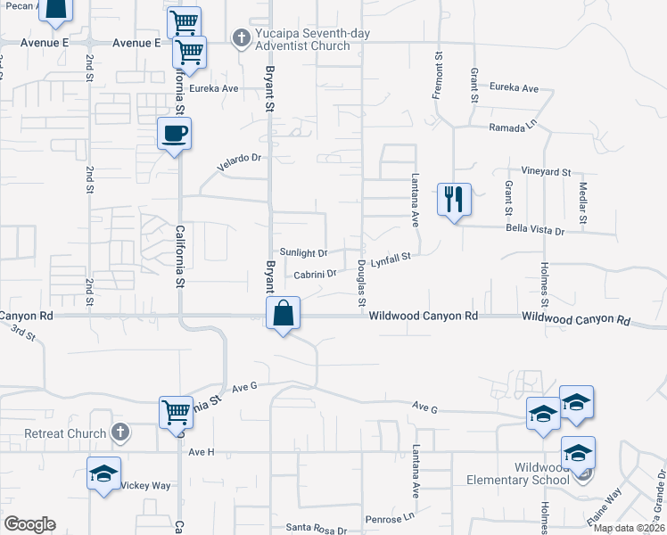 map of restaurants, bars, coffee shops, grocery stores, and more near 35438 Cabrini Drive in Yucaipa