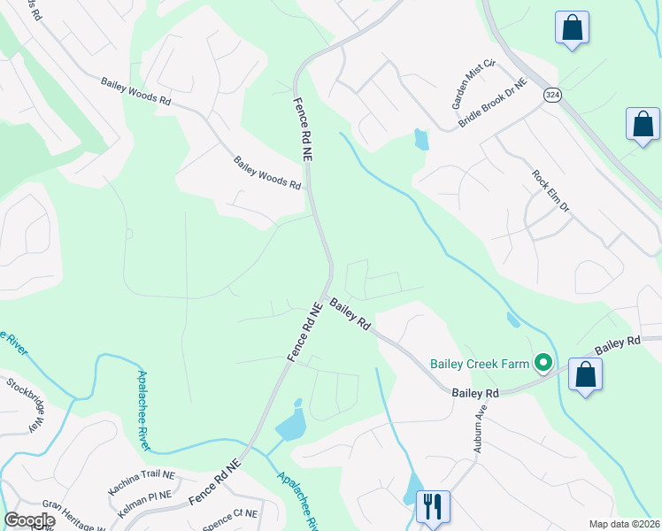 map of restaurants, bars, coffee shops, grocery stores, and more near 3033 Fence Road Northeast in Dacula