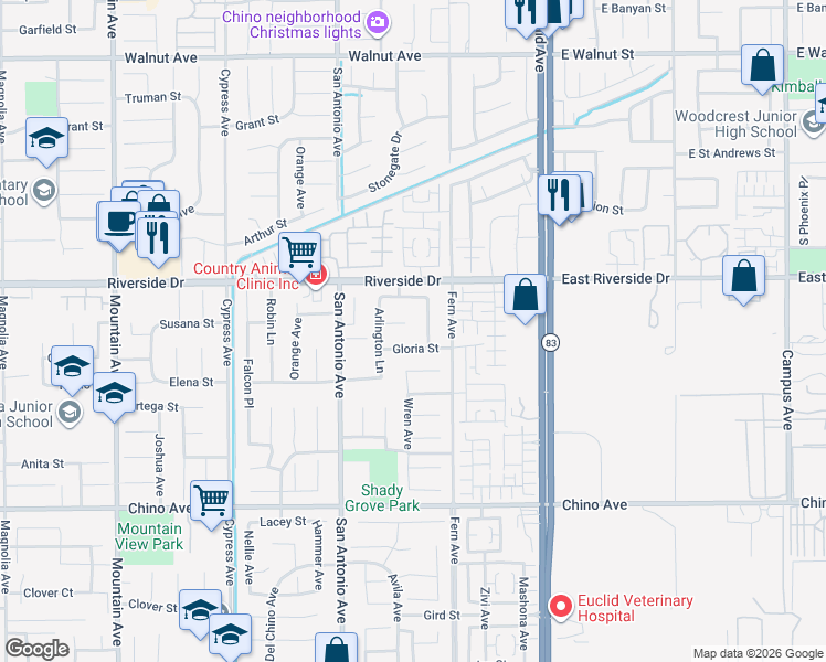 map of restaurants, bars, coffee shops, grocery stores, and more near 6853 Renato Court in Chino