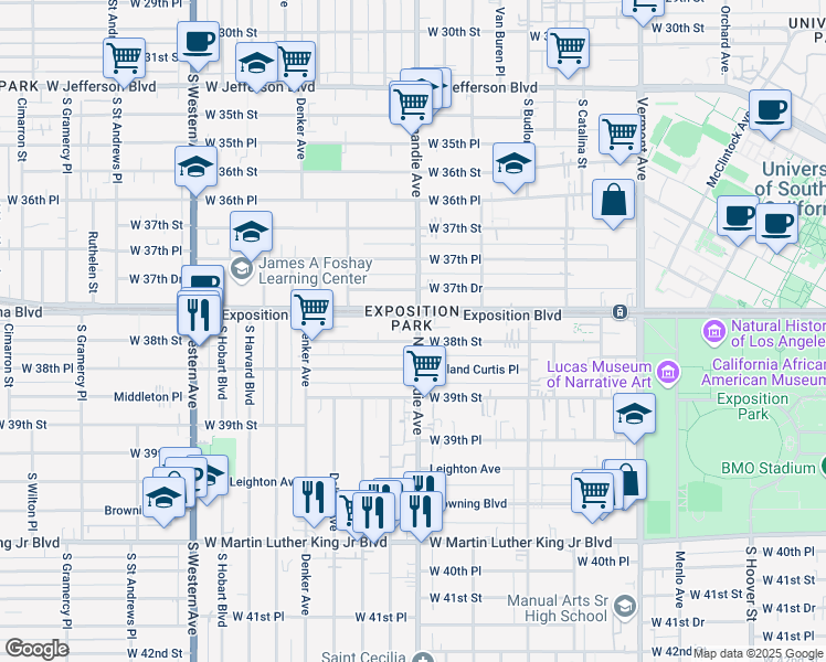 map of restaurants, bars, coffee shops, grocery stores, and more near 3801 Normandie Avenue in Los Angeles