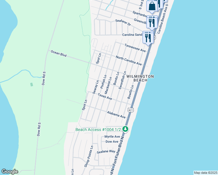 map of restaurants, bars, coffee shops, grocery stores, and more near 1505 Mackerel Lane in Carolina Beach