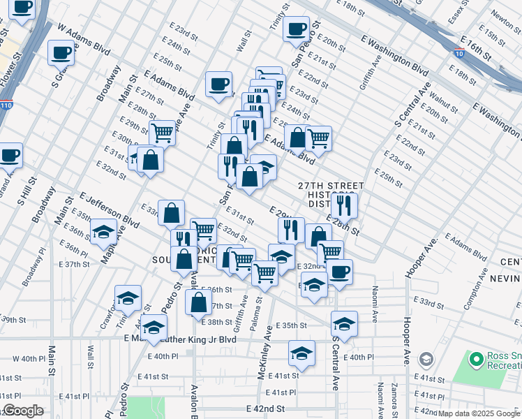 map of restaurants, bars, coffee shops, grocery stores, and more near 807 East 31st Street in Los Angeles