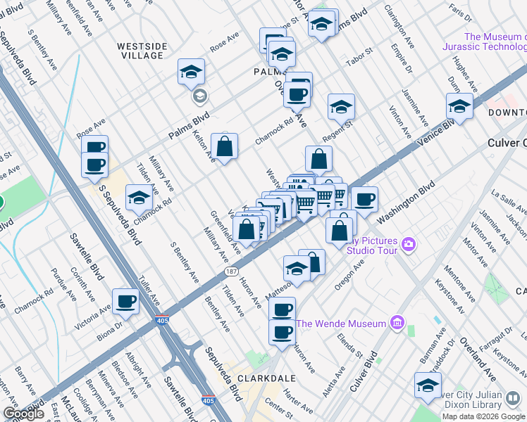 map of restaurants, bars, coffee shops, grocery stores, and more near 3733 Midvale Avenue in Los Angeles