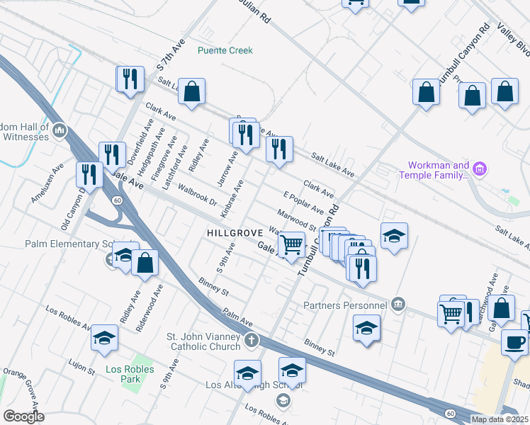 map of restaurants, bars, coffee shops, grocery stores, and more near 15022 Marwood Street in Hacienda Heights