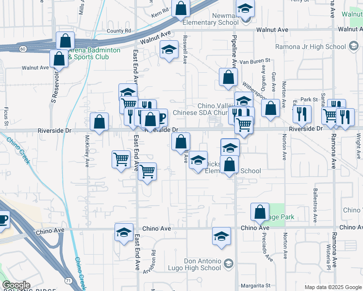 map of restaurants, bars, coffee shops, grocery stores, and more near 12964 Roswell Avenue in Chino