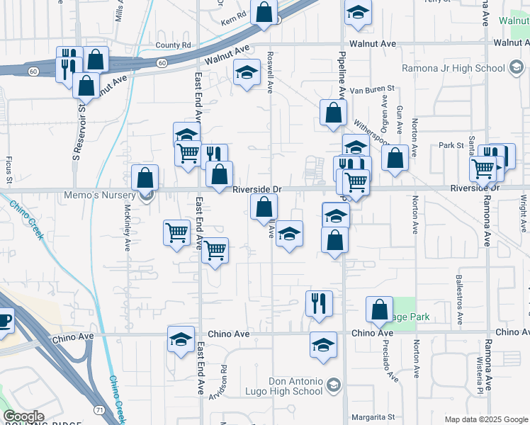 map of restaurants, bars, coffee shops, grocery stores, and more near 12964 Roswell Avenue in Chino