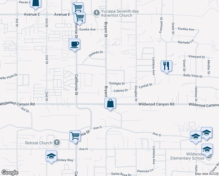 map of restaurants, bars, coffee shops, grocery stores, and more near 13010 Monterey Drive in Yucaipa