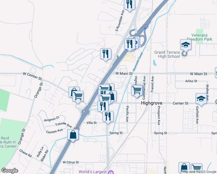 map of restaurants, bars, coffee shops, grocery stores, and more near 1254 West Church Street in Riverside