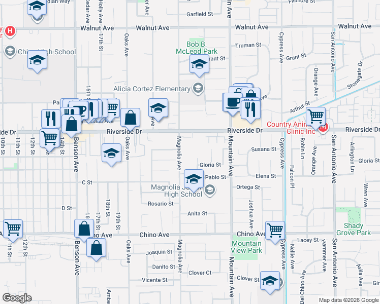 map of restaurants, bars, coffee shops, grocery stores, and more near 13022 Scarborough Avenue in Chino