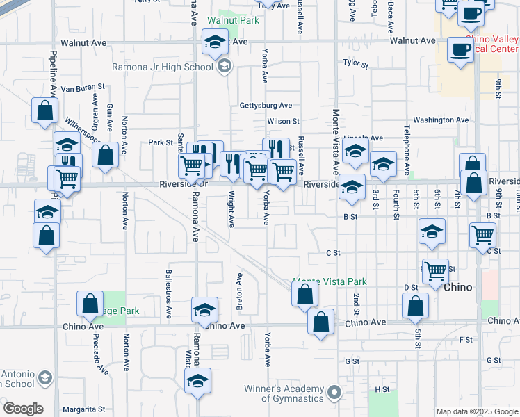 map of restaurants, bars, coffee shops, grocery stores, and more near 4650 Oceanside Drive in Chino