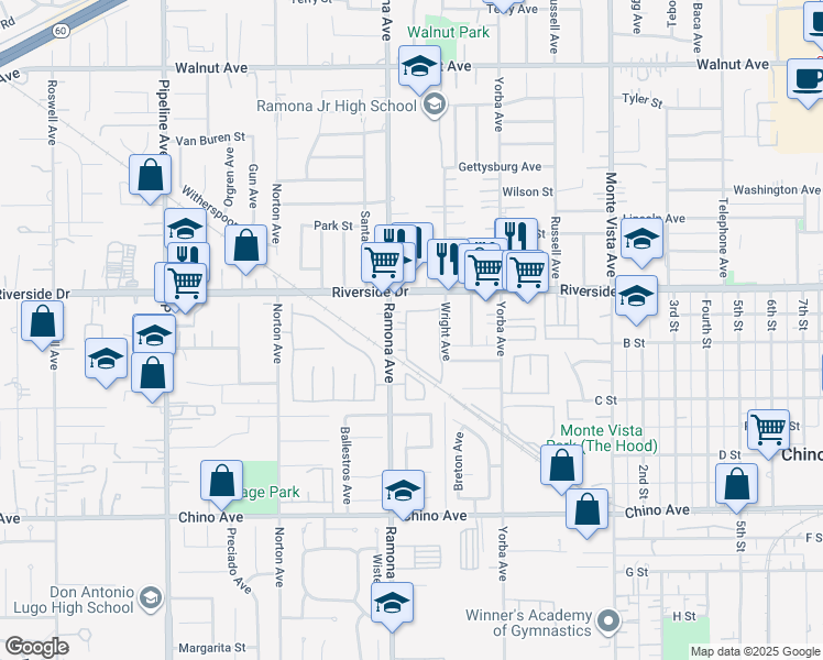 map of restaurants, bars, coffee shops, grocery stores, and more near 12957 Ramona Avenue in Chino
