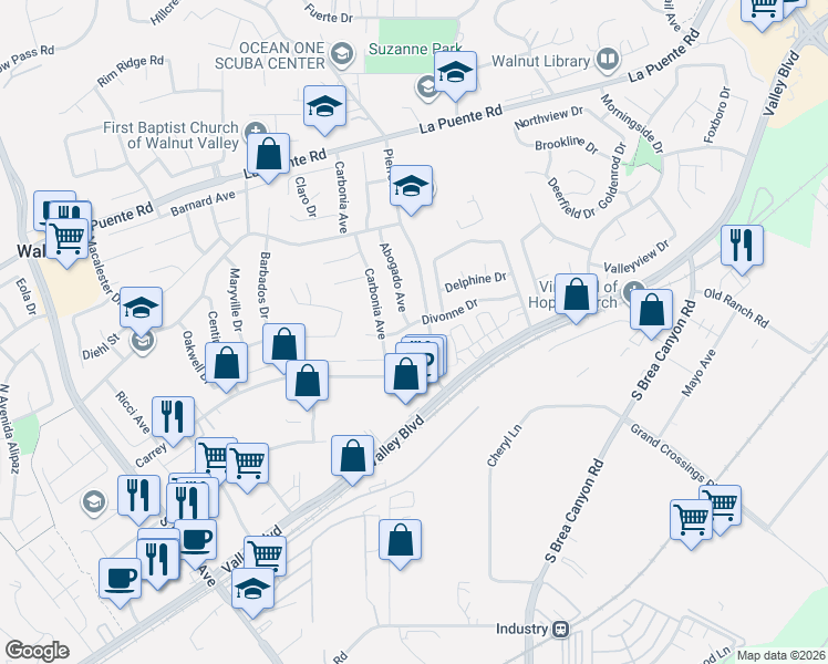 map of restaurants, bars, coffee shops, grocery stores, and more near 130 Abogado Avenue in Walnut