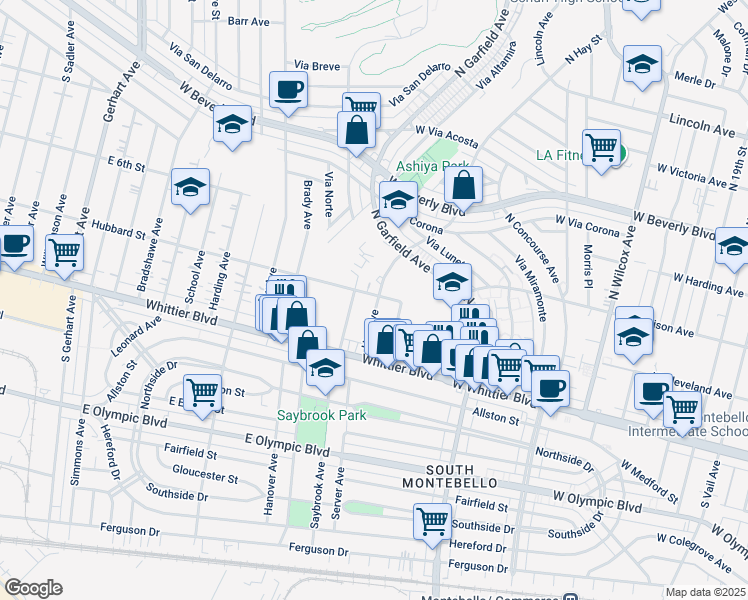 map of restaurants, bars, coffee shops, grocery stores, and more near 728 Hay Avenue in East Los Angeles