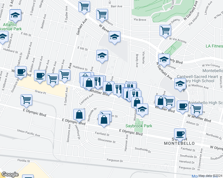 map of restaurants, bars, coffee shops, grocery stores, and more near 6101 Whittier Boulevard in East Los Angeles