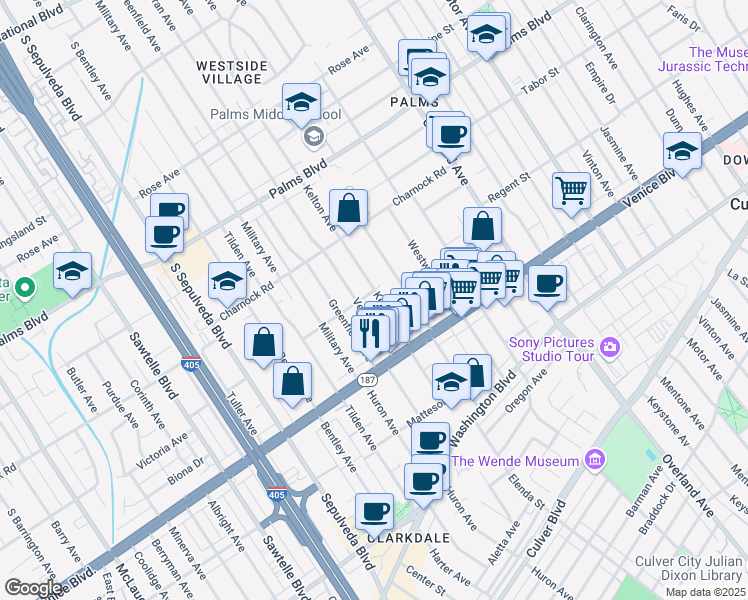 map of restaurants, bars, coffee shops, grocery stores, and more near 3735 Kelton Avenue in Los Angeles