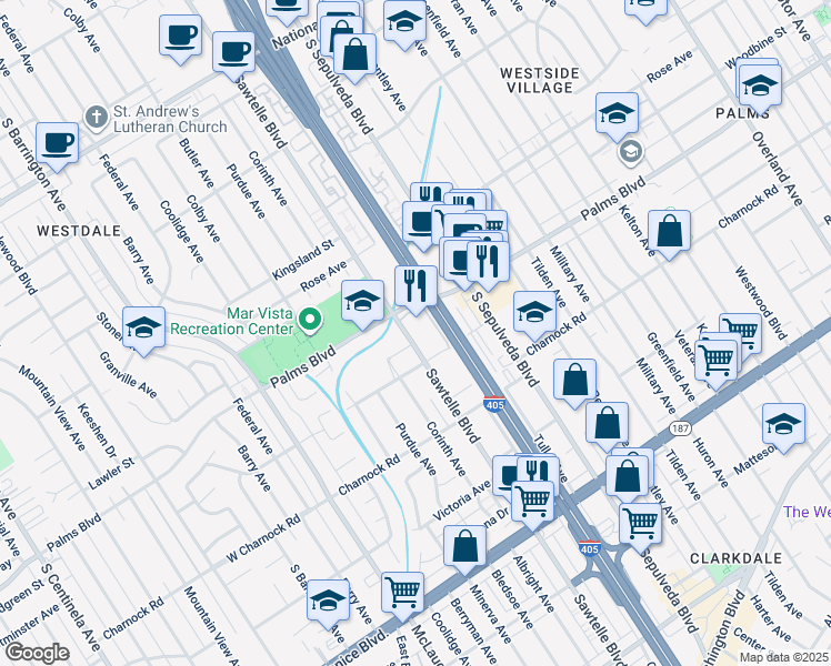 map of restaurants, bars, coffee shops, grocery stores, and more near 3481 Sawtelle Boulevard in Los Angeles