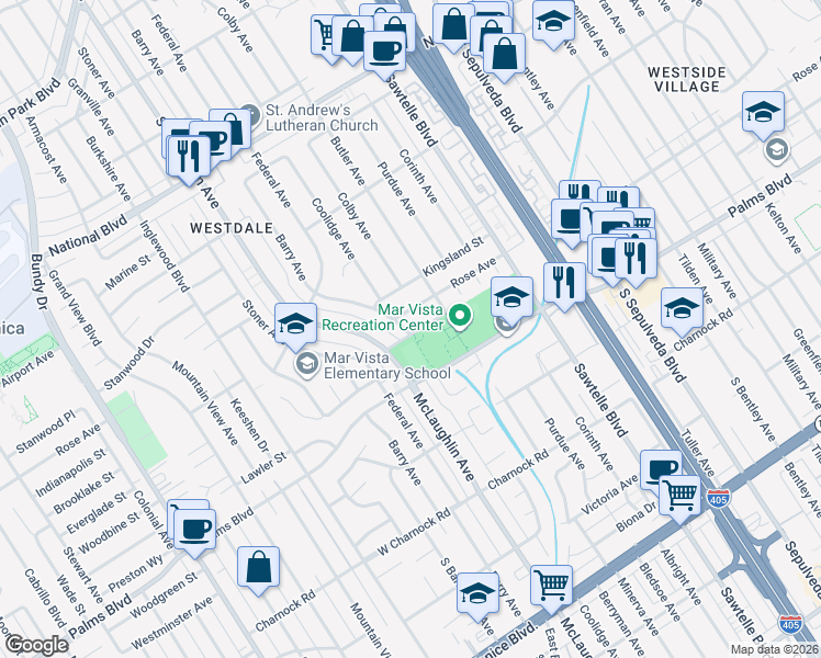 map of restaurants, bars, coffee shops, grocery stores, and more near 3400 McLaughlin Avenue in Los Angeles