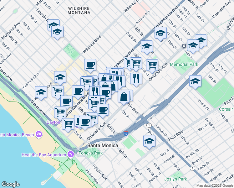 map of restaurants, bars, coffee shops, grocery stores, and more near 1537 7th Street in Santa Monica