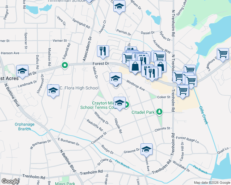 map of restaurants, bars, coffee shops, grocery stores, and more near 5000 Clemson Avenue in Columbia
