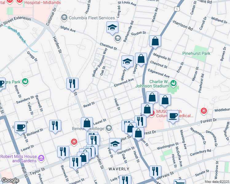 map of restaurants, bars, coffee shops, grocery stores, and more near 2405 Gordon-Bowman in Columbia