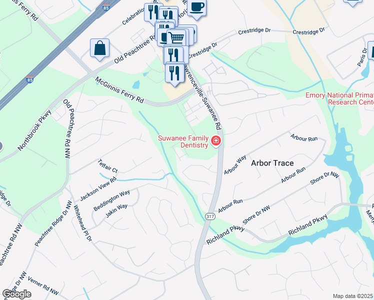 map of restaurants, bars, coffee shops, grocery stores, and more near 1883 Frisco Way in Suwanee