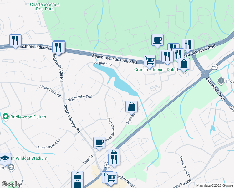 map of restaurants, bars, coffee shops, grocery stores, and more near 3714 Clearbrooke Way in Duluth