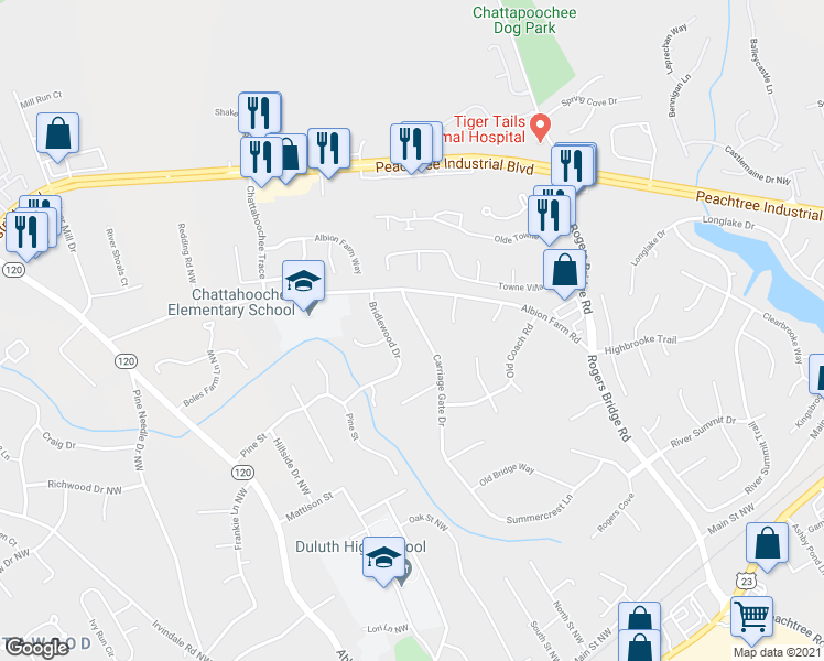 map of restaurants, bars, coffee shops, grocery stores, and more near 3936 Carriage Gate Drive in Duluth