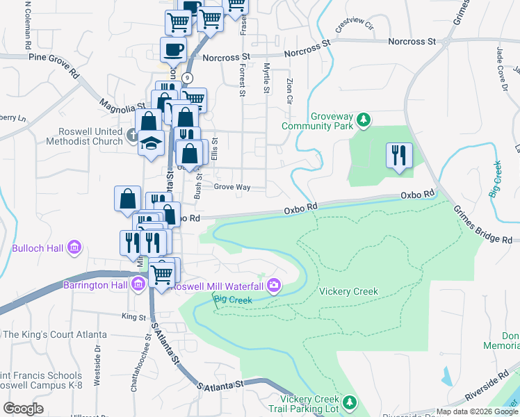 map of restaurants, bars, coffee shops, grocery stores, and more near 210 Oxbo Road in Roswell