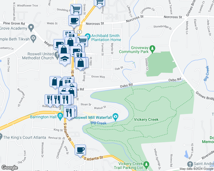 map of restaurants, bars, coffee shops, grocery stores, and more near 160 Oxbo Road in Roswell